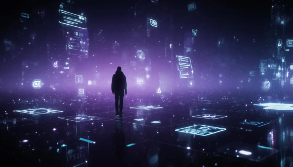 Mid-century modern illustration of branded entertainment in Hollywood showing a classic studio gate transforming into abstract cultural worlds