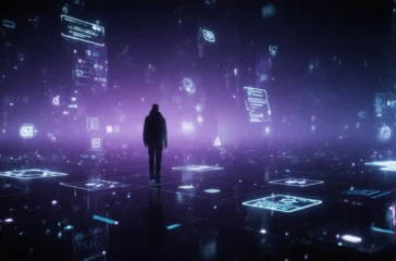 Mid-century modern illustration of branded entertainment in Hollywood showing a classic studio gate transforming into abstract cultural worlds