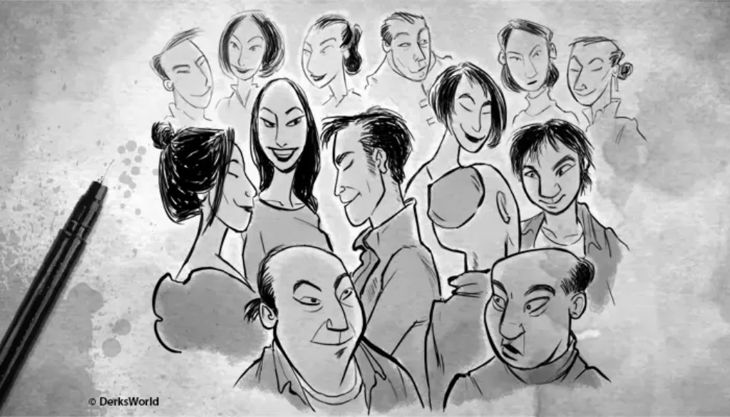 Illustration of Chinese families and community members gathered to celebrate Chinese New Year
