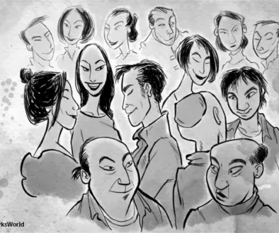 Illustration of Chinese families and community members gathered to celebrate Chinese New Year