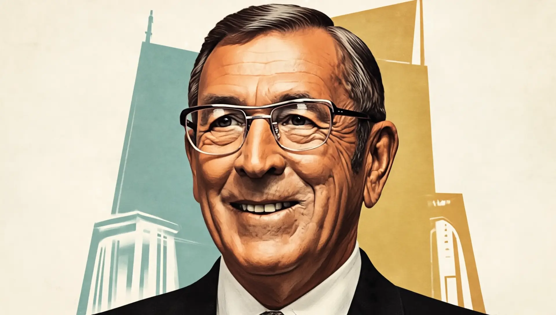 Portrait of basketball coach John Wooden in a mid-century modern graphic illustration style