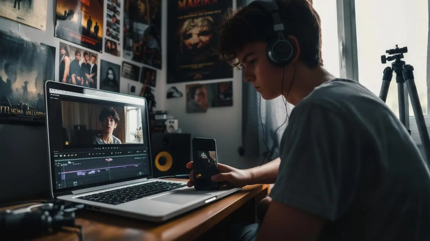 Gen Z filmmaker learning how to make a movie at a desk surrounded by screens and social media tools