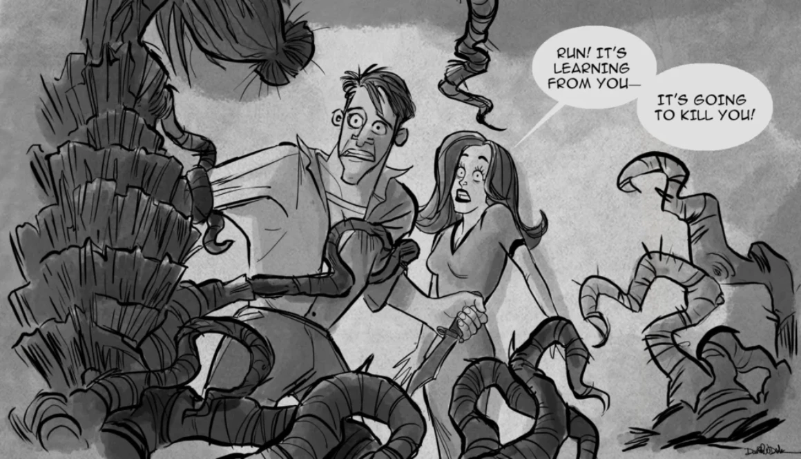 AI in animation horror comic showing woman warning man as plant monster attacks symbolizing artificial intelligence threat