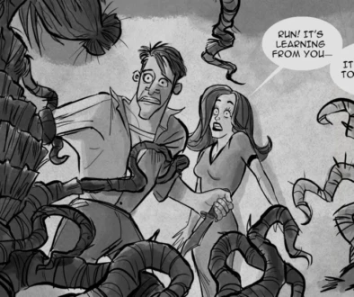 AI in animation horror comic showing woman warning man as plant monster attacks symbolizing artificial intelligence threat