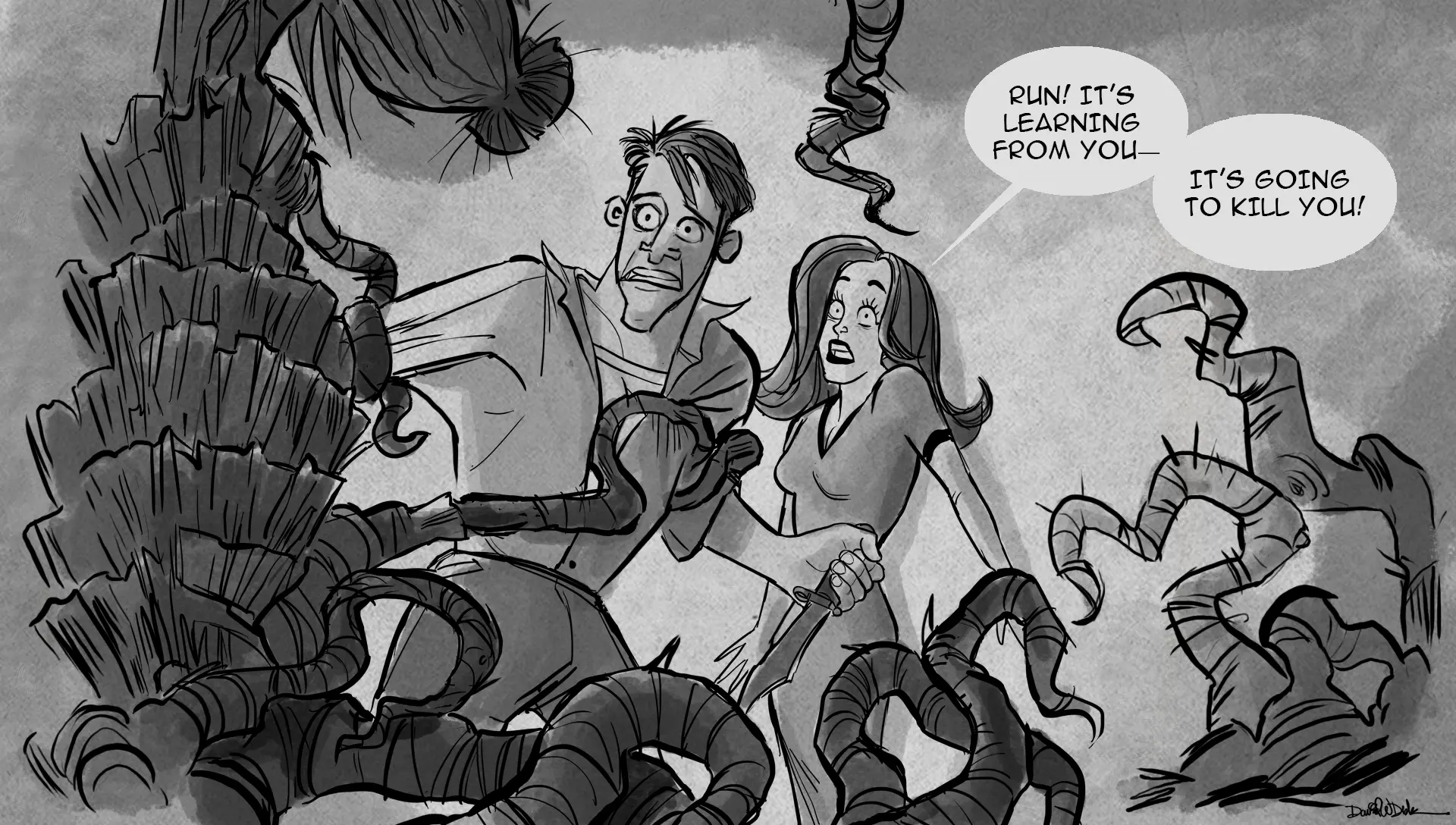 AI in animation horror comic showing woman warning man as plant monster attacks symbolizing artificial intelligence threat