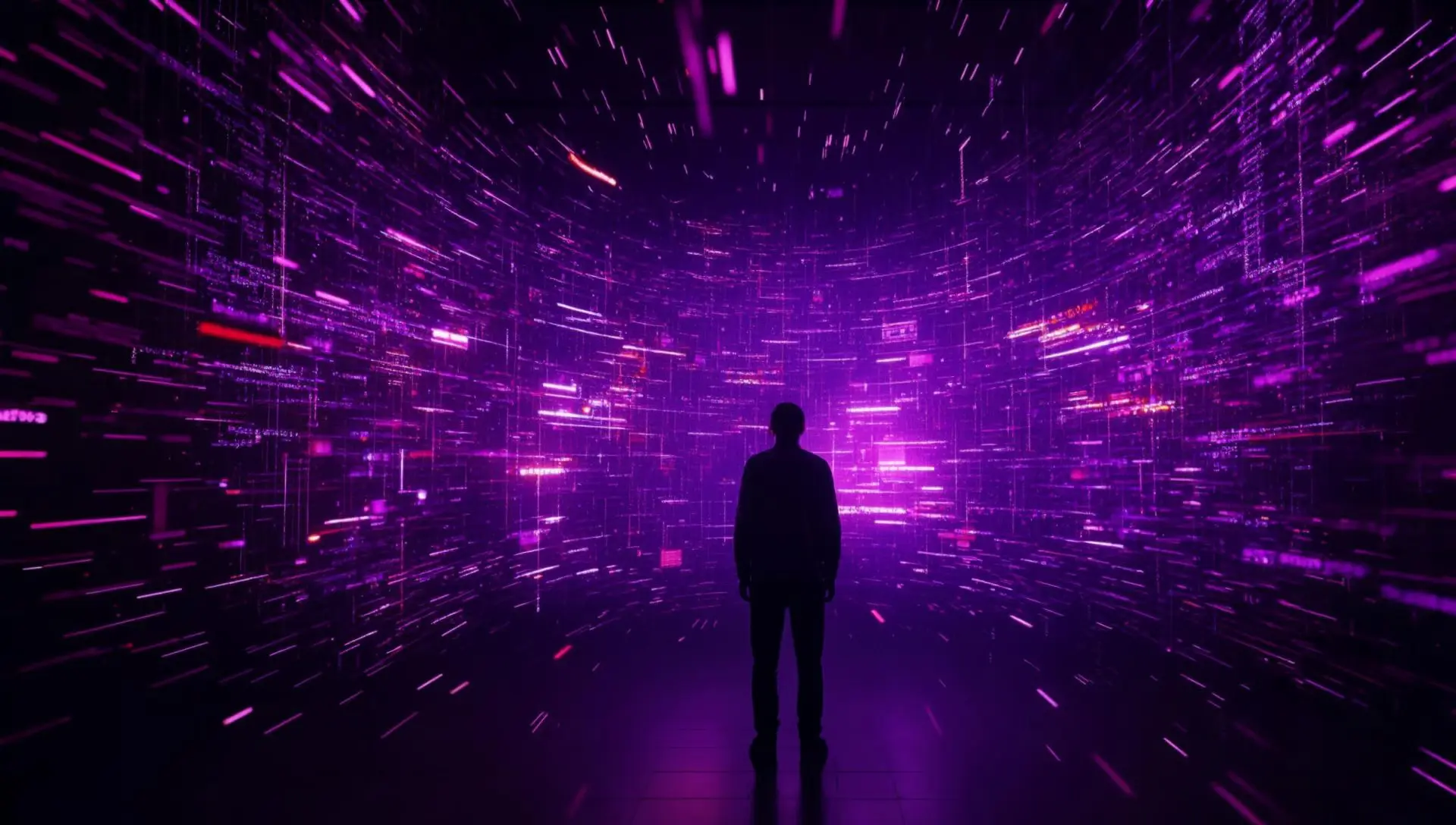 futuristic digital face with glowing purple eyes representing social media algorithms analyzing human behavior