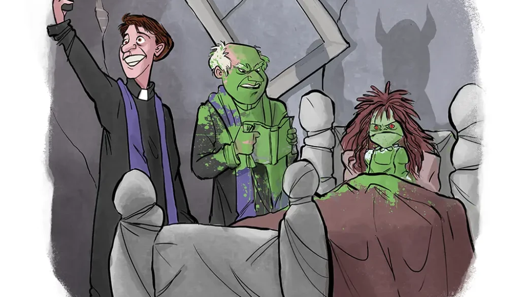 Exorcist selfie cartoon showing two priests during an exorcism with one taking a selfie in a humorous dark scene