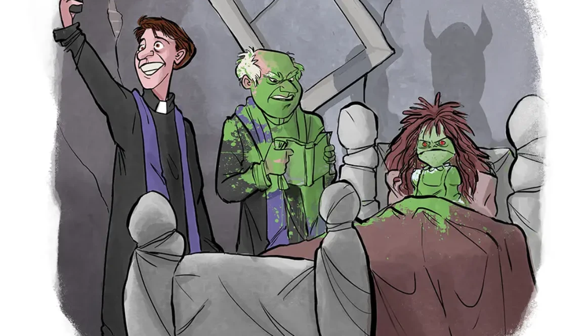 Exorcist selfie cartoon showing two priests during an exorcism with one taking a selfie in a humorous dark scene