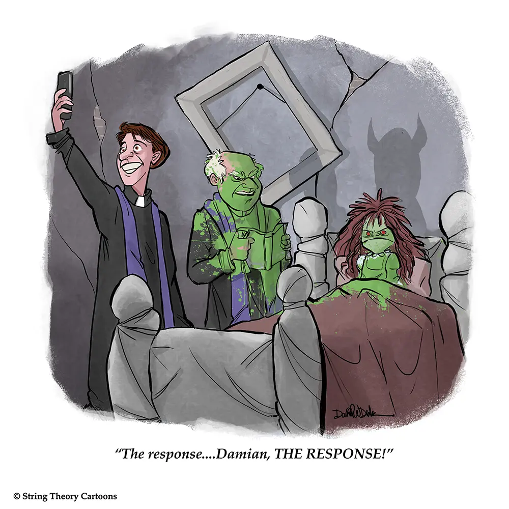 Exorcist selfie cartoon showing two priests during an exorcism with one taking a selfie in a humorous dark scene