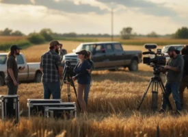 film crew shooting a scene in rural American heartland farmland representing regional storytelling in entertainment