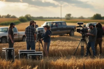 film crew shooting a scene in rural American heartland farmland representing regional storytelling in entertainment