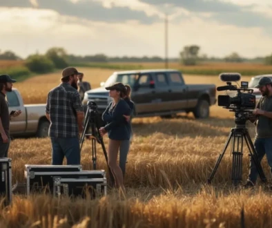 film crew shooting a scene in rural American heartland farmland representing regional storytelling in entertainment