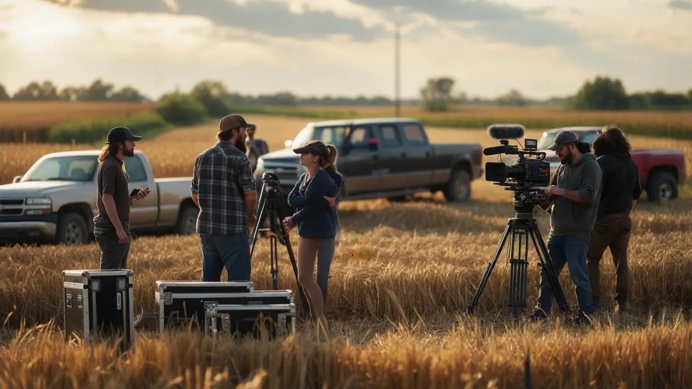 film crew shooting a scene in rural American heartland farmland representing regional storytelling in entertainment