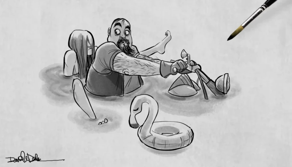 Original character illustration of a man on a motorcycle submerged in water, representing animation concept design and storytelling