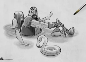 Original character illustration of a man on a motorcycle submerged in water, representing animation concept design and storytelling