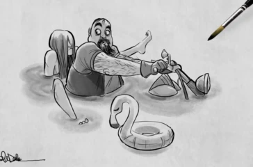 Original character illustration of a man on a motorcycle submerged in water, representing animation concept design and storytelling