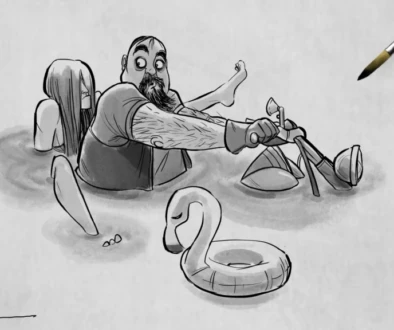 Original character illustration of a man on a motorcycle submerged in water, representing animation concept design and storytelling