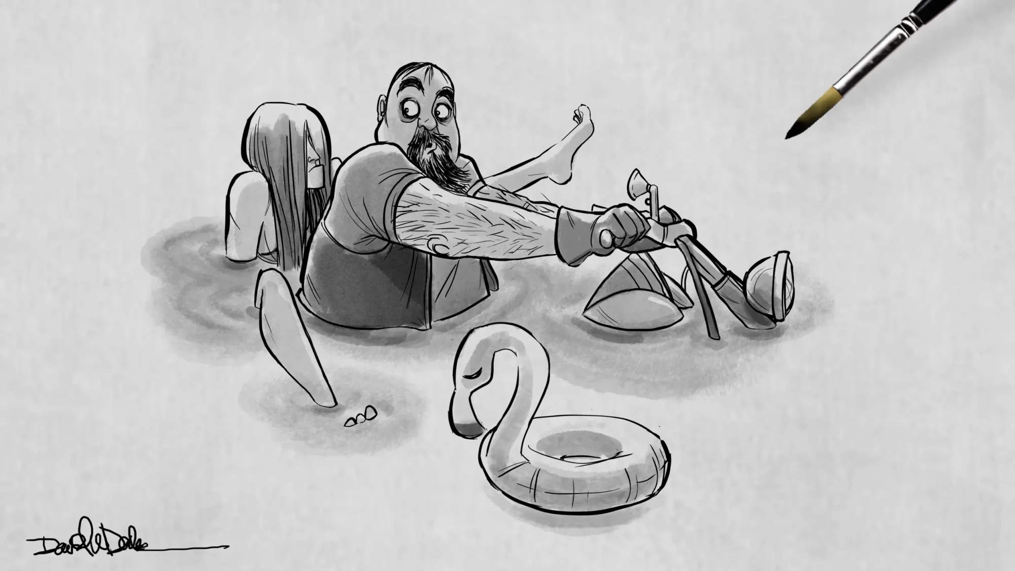 Original character illustration of a man on a motorcycle submerged in water, representing animation concept design and storytelling