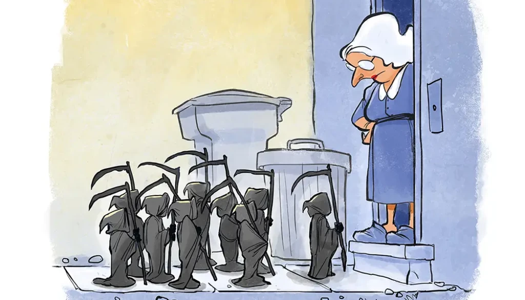grim reaper cartoon nine lives showing an old woman greeted by nine small hooded reapers in a gentle dark humor scene