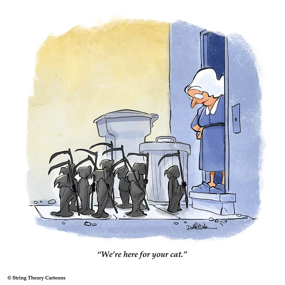 grim reaper cartoon nine lives showing an old woman greeted by nine small hooded reapers in a gentle dark humor scene