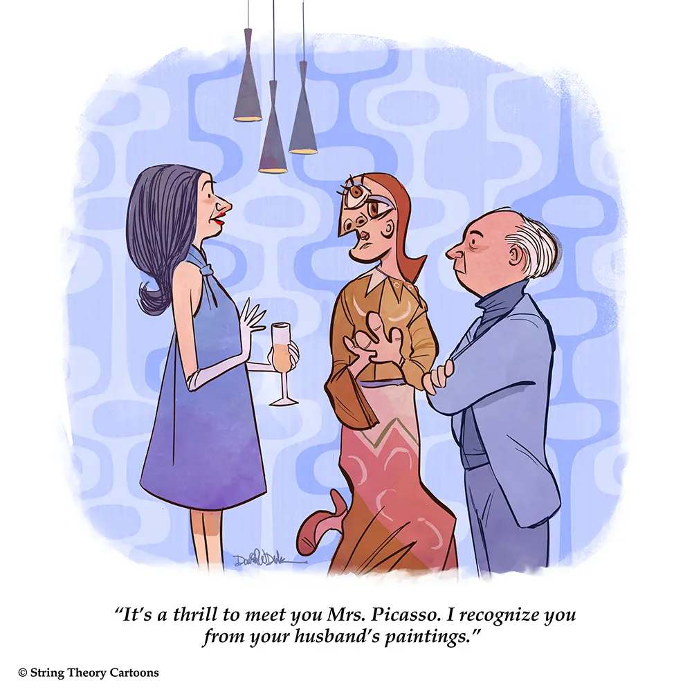 Picasso style cartoon woman standing in an art gallery looking like a cubist painting in a humorous scene