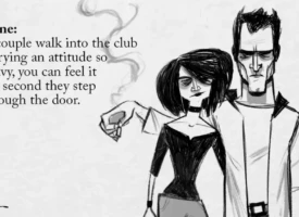 Punk couple entering a club with confident attitude in a sketch illustration with texting-style narration