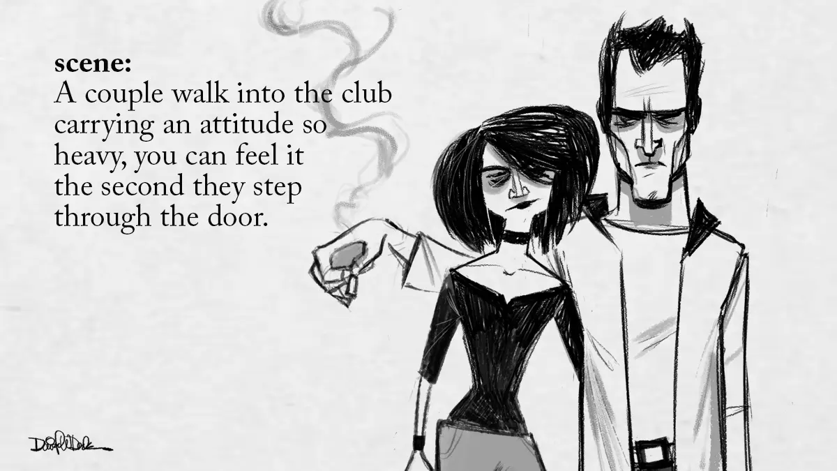Punk couple entering a club with confident attitude in a sketch illustration with texting-style narration