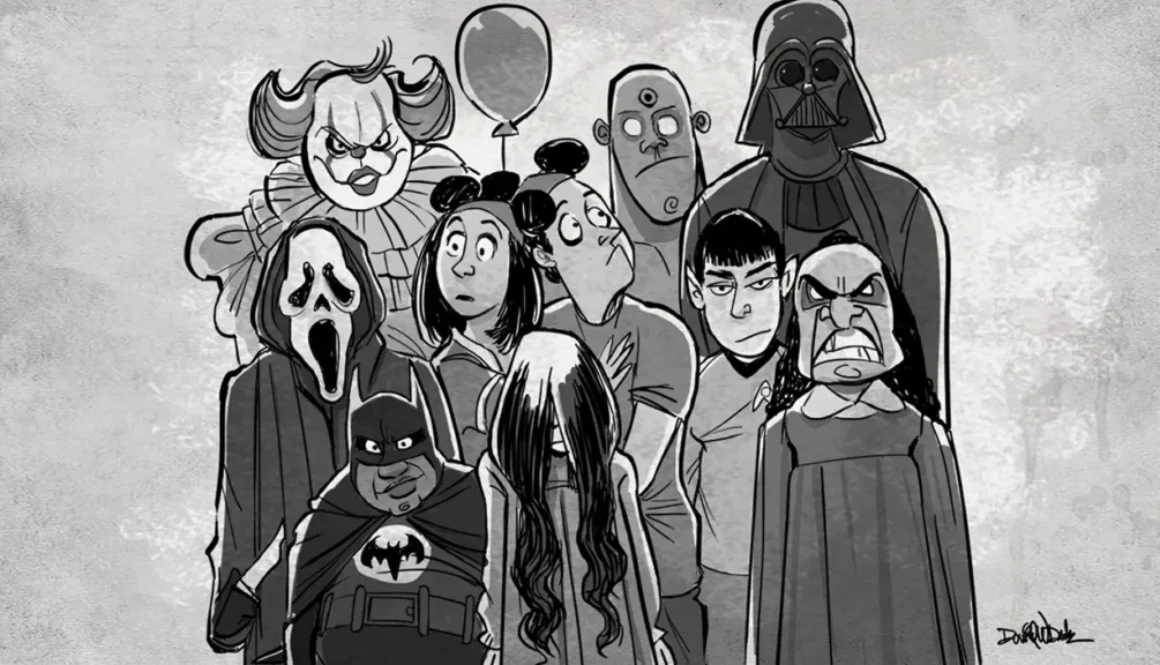 Humorous cartoon of science-fiction creatures surrounding a couple in an elevator