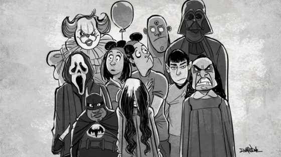 Humorous cartoon of science-fiction creatures surrounding a couple in an elevator