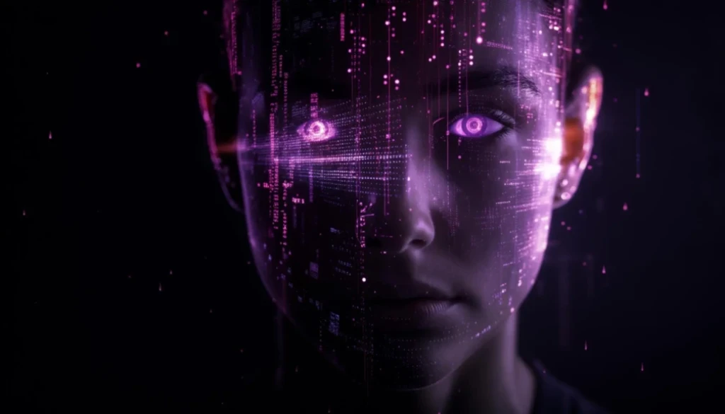 futuristic digital face with glowing purple eyes representing social media algorithms and artificial intelligence