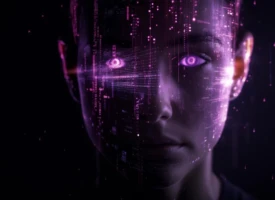 futuristic digital face with glowing purple eyes representing social media algorithms and artificial intelligence