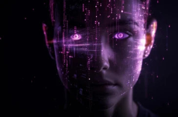 futuristic digital face with glowing purple eyes representing social media algorithms and artificial intelligence