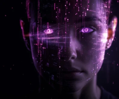 futuristic digital face with glowing purple eyes representing social media algorithms and artificial intelligence