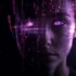 futuristic digital face with glowing purple eyes representing social media algorithms and artificial intelligence