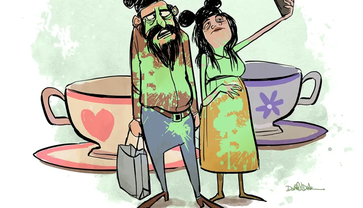 Disney teacups cartoon selfie showing a couple after a chaotic ride taking a humorous selfie together