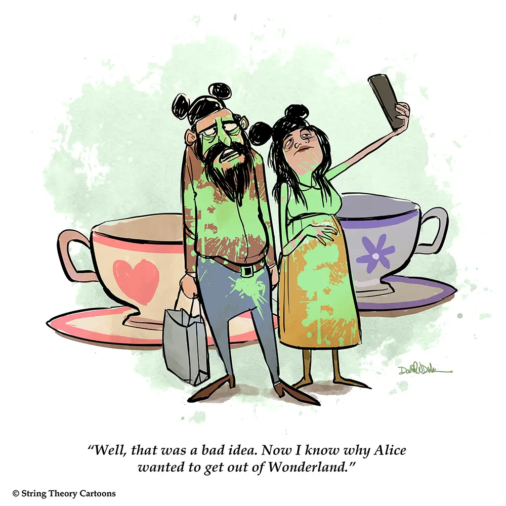 Disney teacups cartoon selfie showing a couple after a chaotic ride taking a humorous selfie together