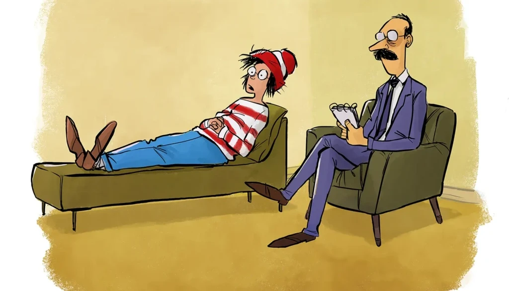 Where’s Waldo psychiatrist cartoon showing Waldo sitting on a couch talking to a therapist in a humorous scene