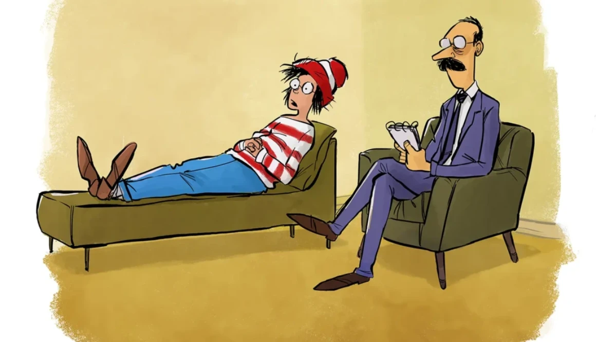 Where’s Waldo psychiatrist cartoon showing Waldo sitting on a couch talking to a therapist in a humorous scene