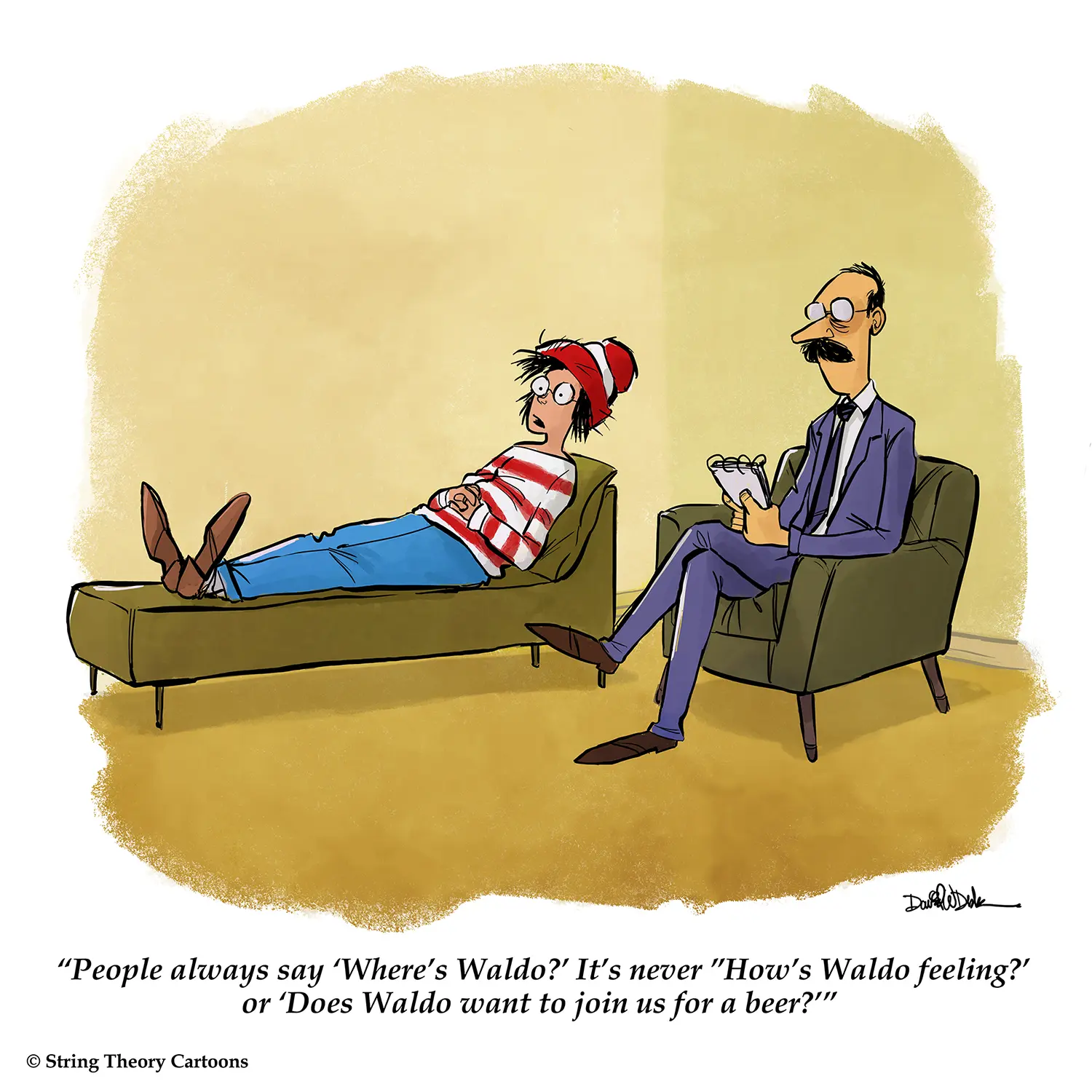 Where’s Waldo psychiatrist cartoon showing Waldo sitting on a couch talking to a therapist in a humorous scene