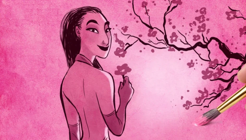 Illustration of a Japanese woman in pink tones representing the evolution of animation style