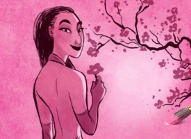 Illustration of a Japanese woman in pink tones representing the evolution of animation style