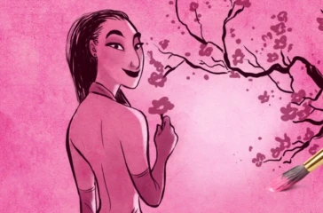 Illustration of a Japanese woman in pink tones representing the evolution of animation style