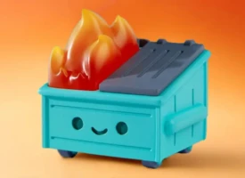 Dumpster Fire toy collectible with flames on top against orange background