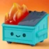Dumpster Fire toy collectible with flames on top against orange background