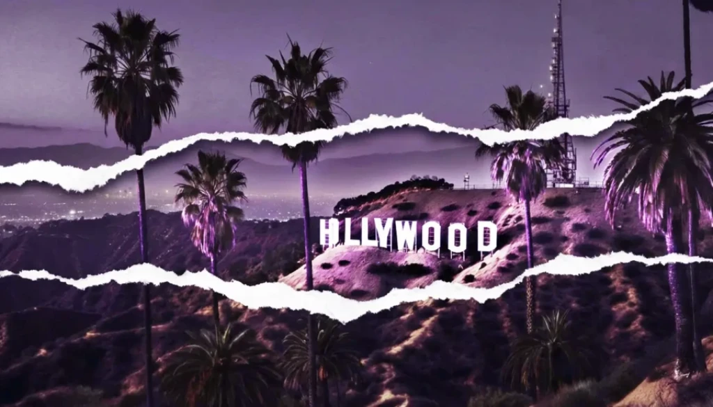 Hollywood industry reset vintage Hollywood sign at dusk with purple sky and natural film wear
