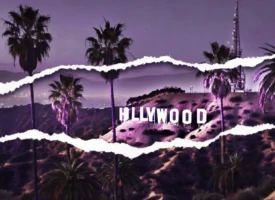 Hollywood industry reset vintage Hollywood sign at dusk with purple sky and natural film wear