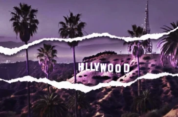 Hollywood industry reset vintage Hollywood sign at dusk with purple sky and natural film wear