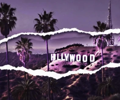 Hollywood industry reset vintage Hollywood sign at dusk with purple sky and natural film wear