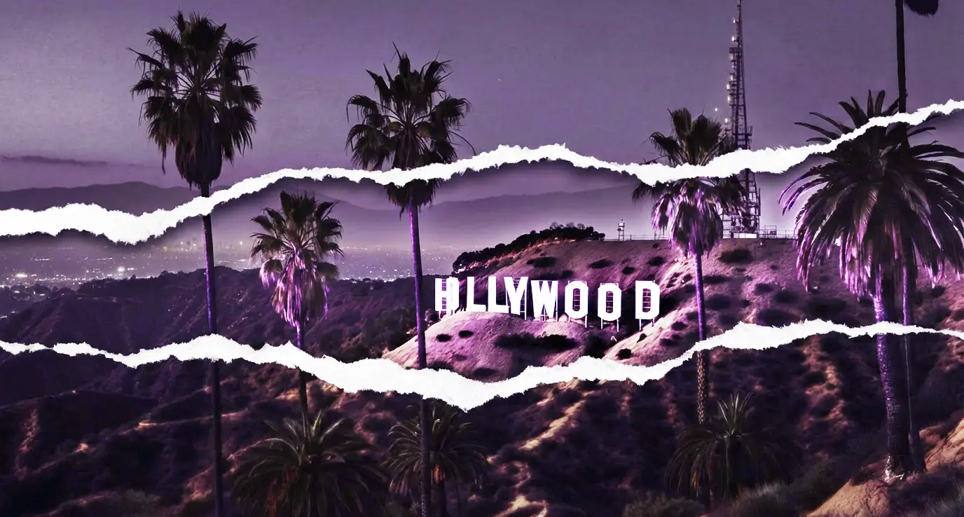 Hollywood industry reset vintage Hollywood sign at dusk with purple sky and natural film wear