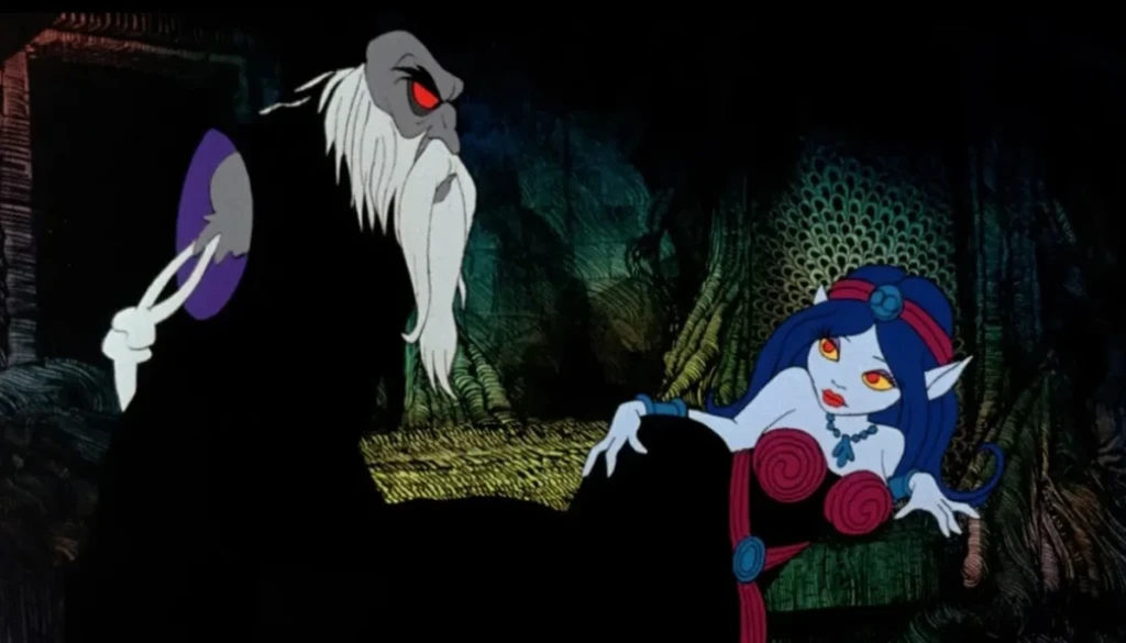 scene from Wizards 1977 cult animated film by Ralph Bakshi featuring fantasy and sci-fi imagery